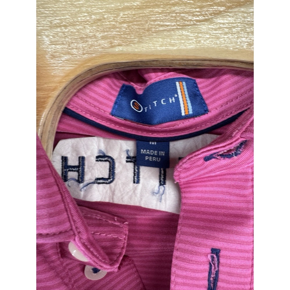 Stitch Golf Polo Shirt Pink Striped Tour Patch Men's Size M - Picture 6 of 8